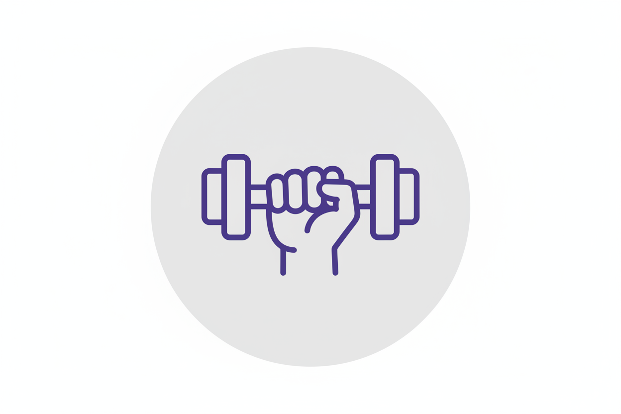 crea un icono en SVG redondo con fondo de color #F2F2F2, donde hagas una ilustracion de una mano sujetando una pesa con la mano cerrada eso tiene que verse en color morado #6B4DE6
el icono debe medir 45px EL ICONO DEBE ESTAR SOBRE UN FONDO BLANCO 