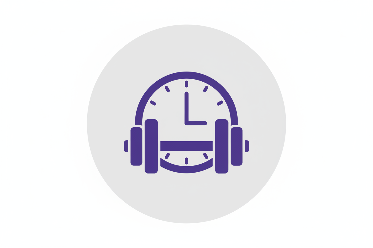 crea un icono en SVG redondo con fondo de color #F2F2F2, donde hagas una ilustracion de una peso con un reloj por detras, eso tiene que verse en color morado #6B4DE6
el icono debe medir 45px EL ICONO DEBE ESTAR SOBRE UN FONDO BLANCO