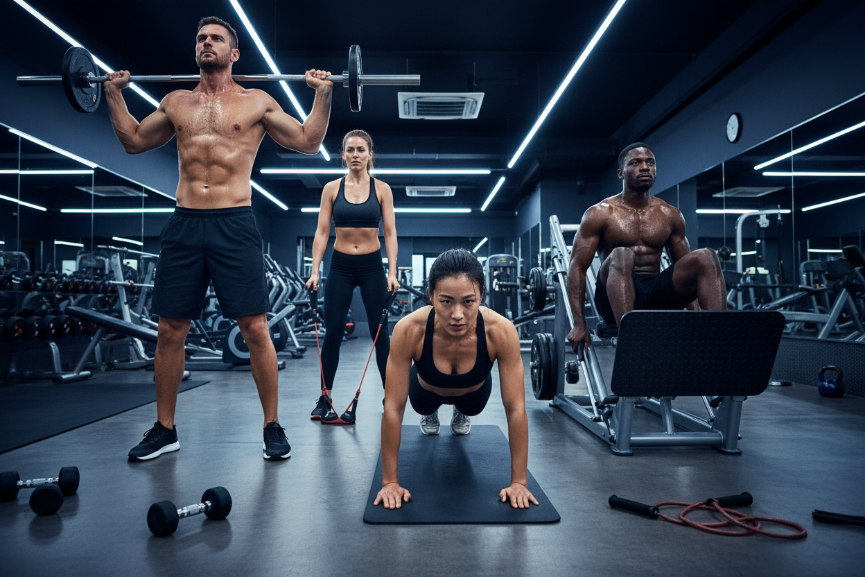 ok genera una imagen con ambiente deportivo en un gym donde 4 personas esten haciendo deporte con transpiracion, esas cuatro personas tienen que ser de diferente nacionalidad pero dos francesas 